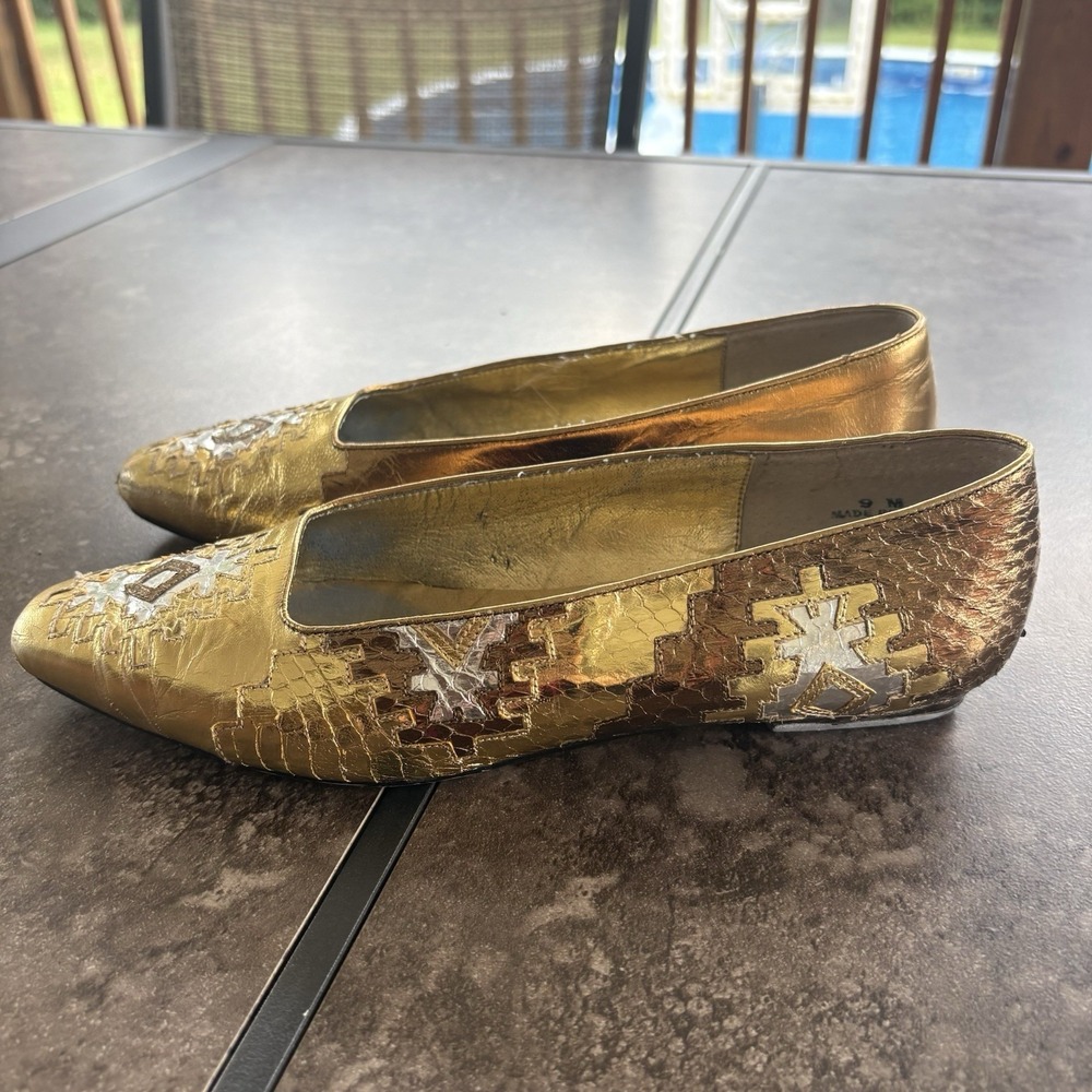 VTG J. Renee Gold Snake Embossed Pointed Toe Flats Metallic Dress Shoes 9M